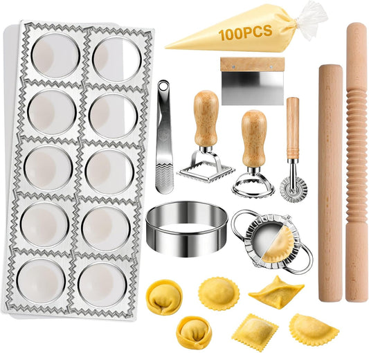 11 Pieces Ravioli Mold Set, Easy-to-Use Ravioli Maker Press with Ravioli Cutter Wheel, Pasta Cutter & Ravioli Making Kit, Wooden Pasta RollerPasta Making Tools for home，pasta lover