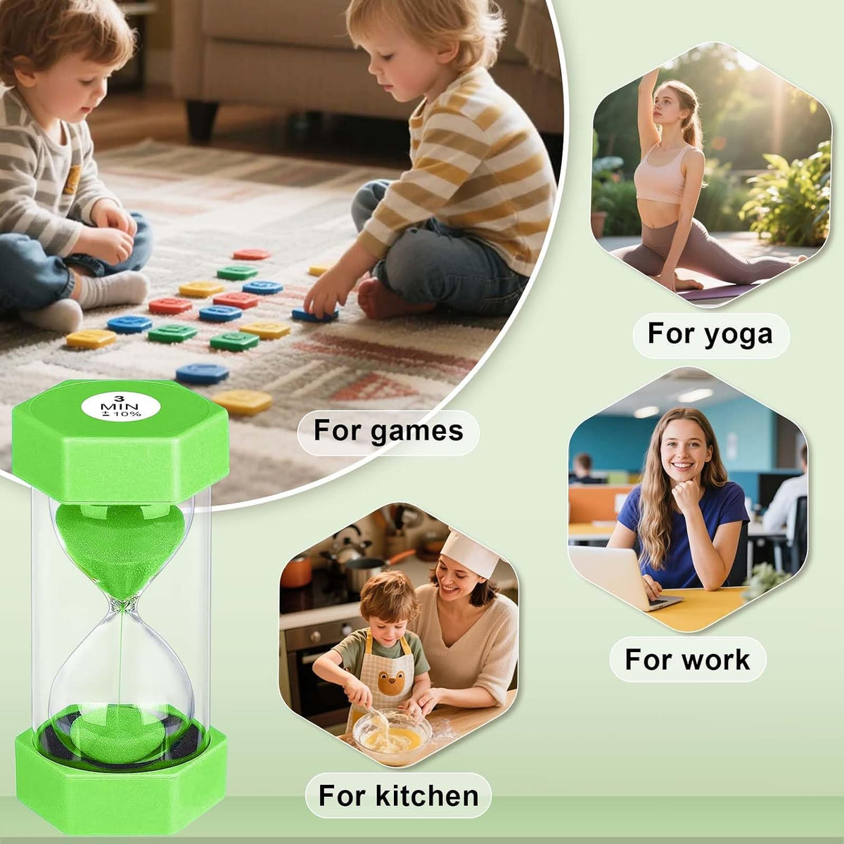 5 Minute Hourglass Sand Timer, Plastic Hexagon Hourglass Sand Clock 5 Min, Reloj De Arena 5 Minutos,Unbreakable Green Hour Glass Sandglass for Classroom Games Kitchen (Green)