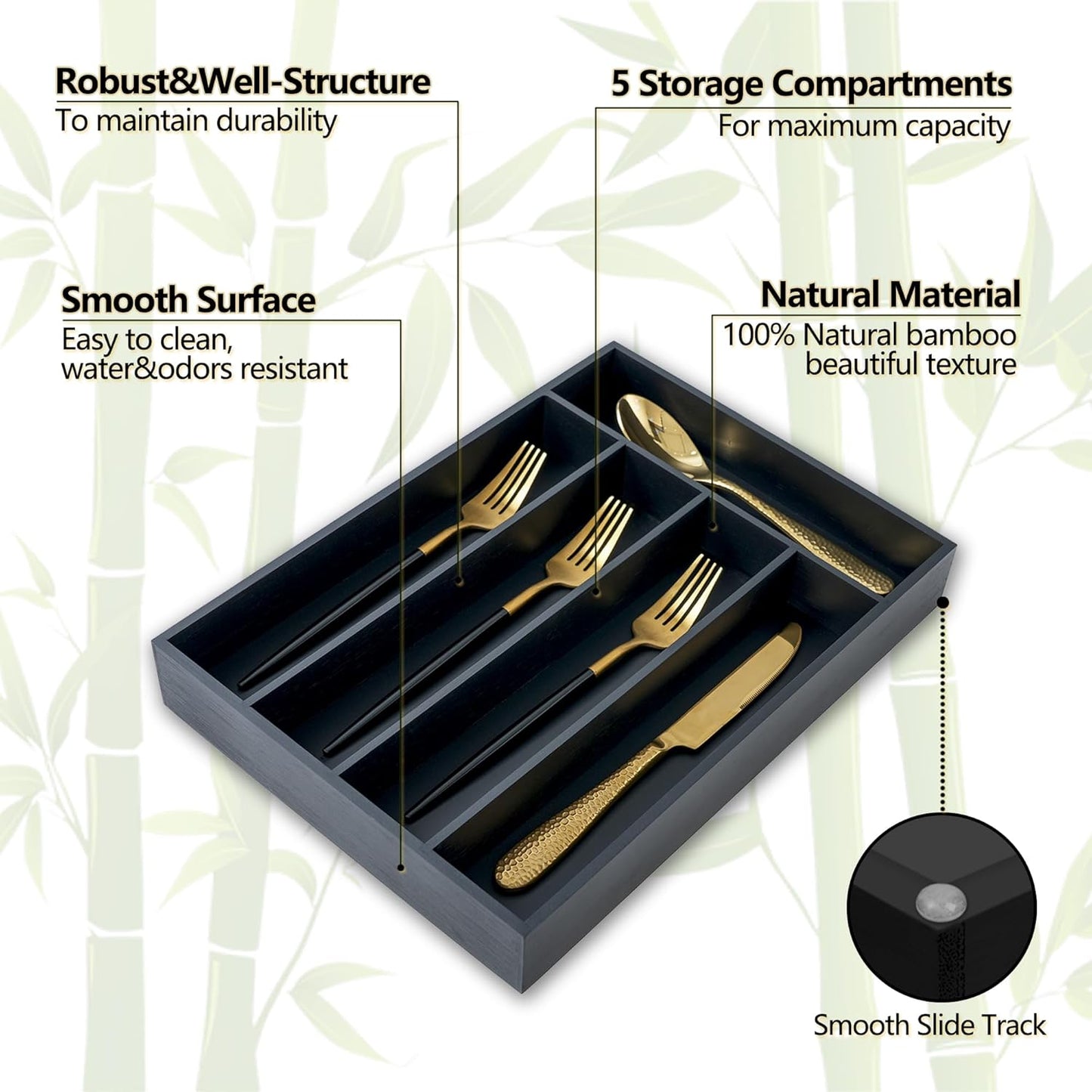 Silverware Organizer, 10 Inch Utensil Organizer Kitchen Drawer Organizer Bamboo Silverware Holder Cutlery Tray Organizer in Drawer Flatware Organizer Tray(5 slots, Natural