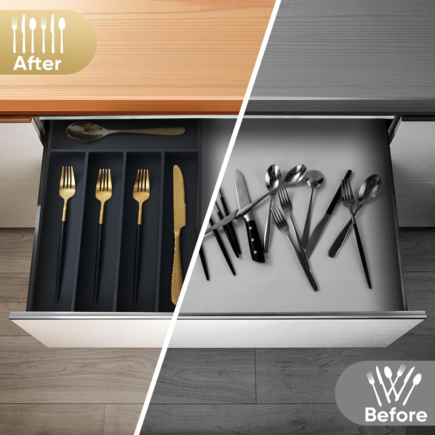 Silverware Organizer, 10 Inch Utensil Organizer Kitchen Drawer Organizer Bamboo Silverware Holder Cutlery Tray Organizer in Drawer Flatware Organizer Tray(5 slots, Natural