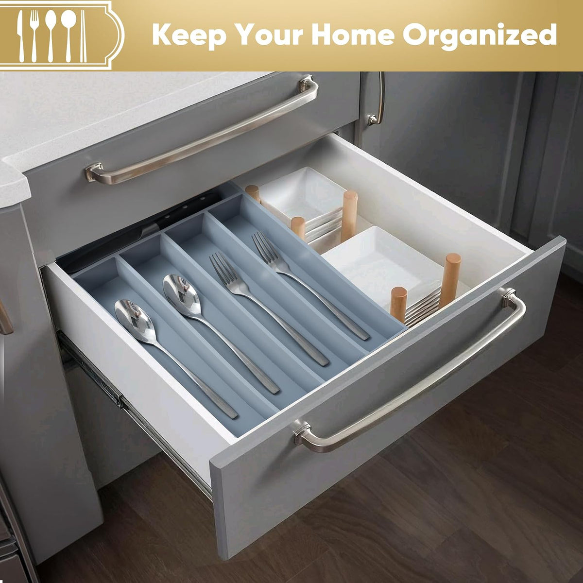 Silverware Organizer, 10 Inch Utensil Organizer Kitchen Drawer Organizer Bamboo Silverware Holder Cutlery Tray Organizer in Drawer Flatware Organizer Tray(5 slots, Natural