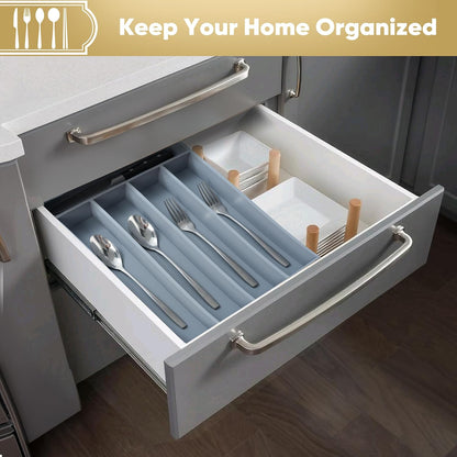 Silverware Organizer, 10 Inch Utensil Organizer Kitchen Drawer Organizer Bamboo Silverware Holder Cutlery Tray Organizer in Drawer Flatware Organizer Tray(5 slots, Natural