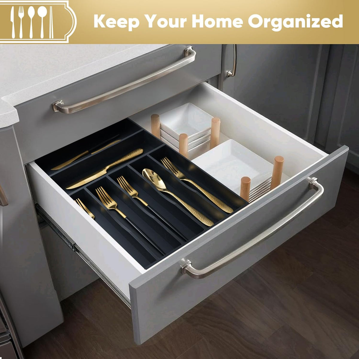 Silverware Organizer, 10 Inch Utensil Organizer Kitchen Drawer Organizer Bamboo Silverware Holder Cutlery Tray Organizer in Drawer Flatware Organizer Tray(5 slots, Natural