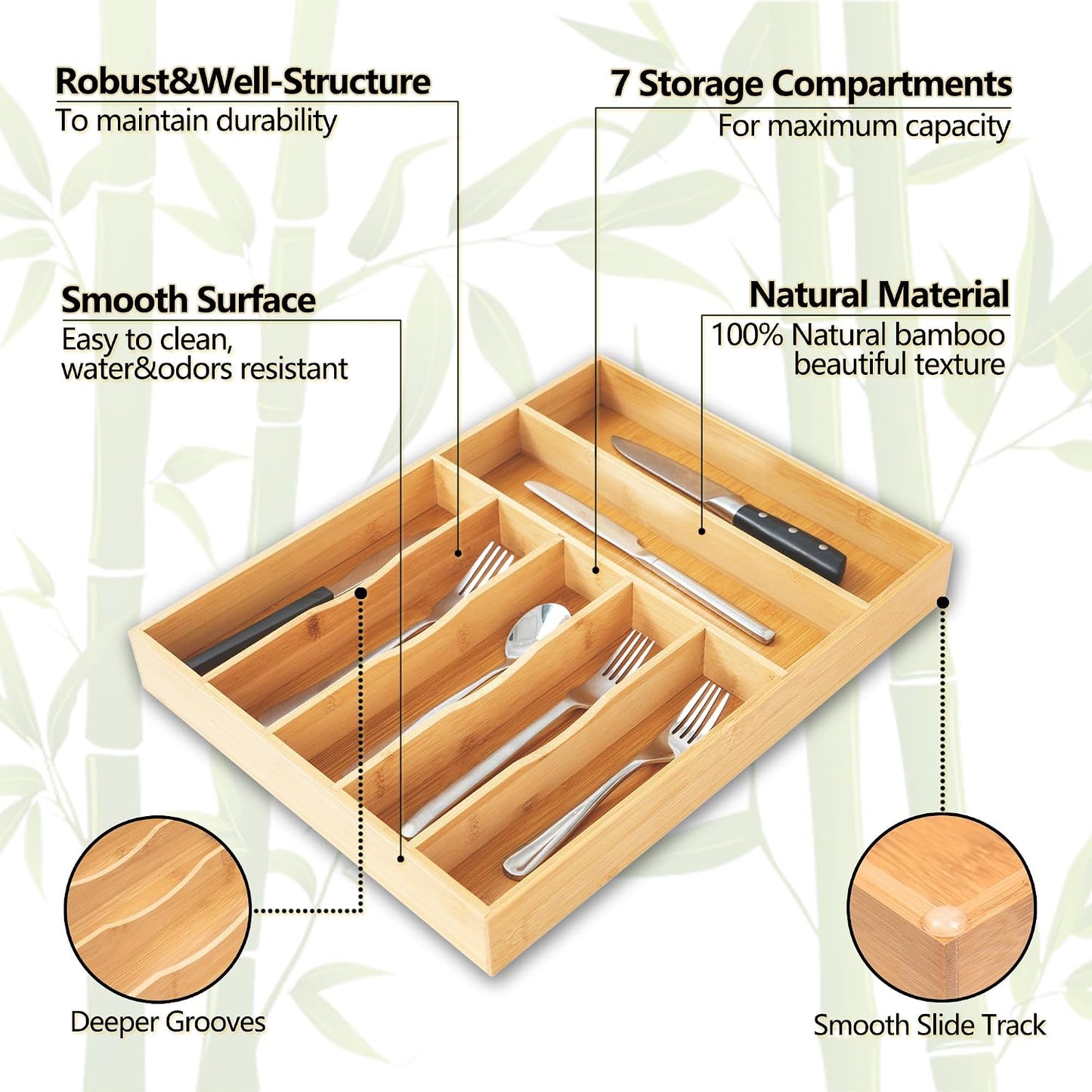 Silverware Organizer, 10 Inch Utensil Organizer Kitchen Drawer Organizer Bamboo Silverware Holder Cutlery Tray Organizer in Drawer Flatware Organizer Tray(5 slots, Natural