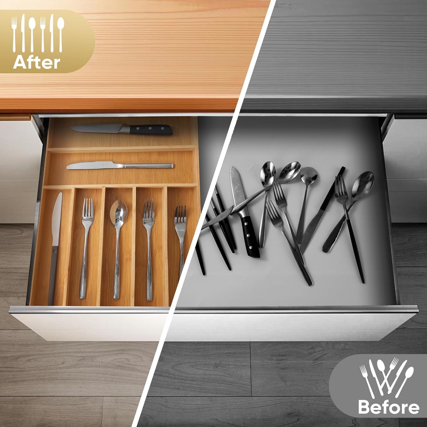 Silverware Organizer, 10 Inch Utensil Organizer Kitchen Drawer Organizer Bamboo Silverware Holder Cutlery Tray Organizer in Drawer Flatware Organizer Tray(5 slots, Natural