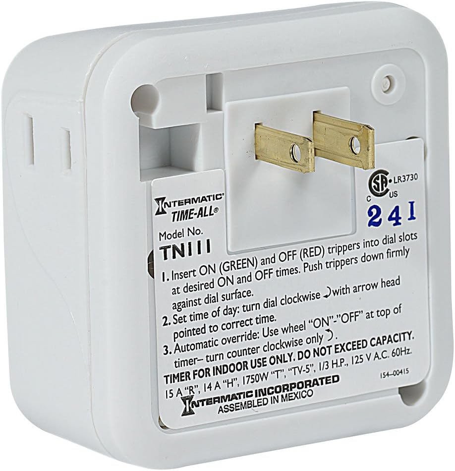 TN111K 15-Amp Indoor Timer - Versatile 24-Hour Control - Easy Manual Override and Single 2-Prong Design