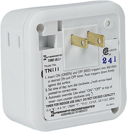 TN111K 15-Amp Indoor Timer - Versatile 24-Hour Control - Easy Manual Override and Single 2-Prong Design