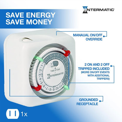 TN111K 15-Amp Indoor Timer - Versatile 24-Hour Control - Easy Manual Override and Single 2-Prong Design