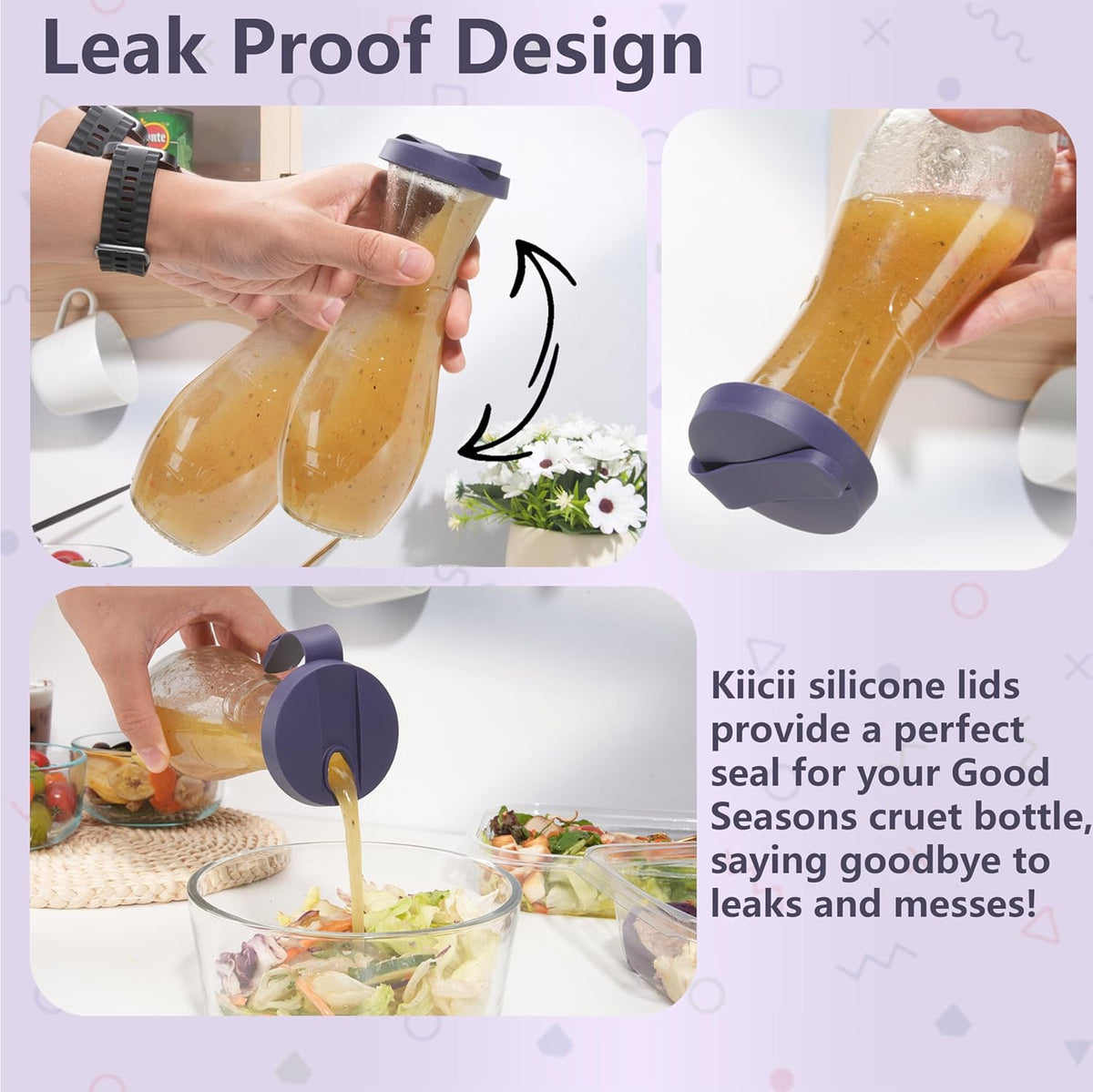 Silicone Cruet Lid Compatible with Good Seasons Salad Dressing Bottle 2 Packs Replacement Lids for Good Season Italian Dressing Mix Cruet Bottle, Food-Grade Silicone Cover Tight Fit (Lids Only)