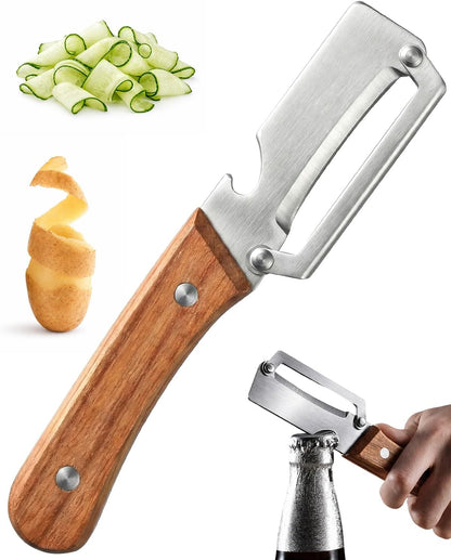 Multi Functional Vegetable Peeler with Bottle Opener & Wooden Handle, 1PCS | Premium Stainless Steel Kitchen Single Blade Food Peeler Tool for Potato Carrot Pumpkin Papaya Camping Accessories