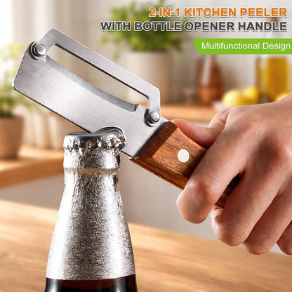 Multi Functional Vegetable Peeler with Bottle Opener & Wooden Handle, 1PCS | Premium Stainless Steel Kitchen Single Blade Food Peeler Tool for Potato Carrot Pumpkin Papaya Camping Accessories