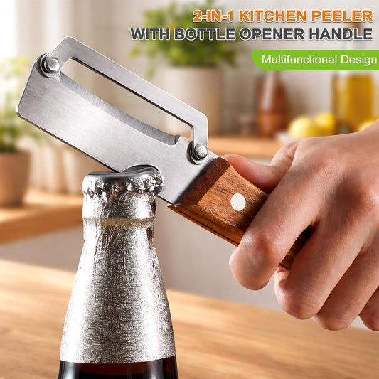 Multi Functional Vegetable Peeler with Bottle Opener & Wooden Handle, 1PCS | Premium Stainless Steel Kitchen Single Blade Food Peeler Tool for Potato Carrot Pumpkin Papaya Camping Accessories