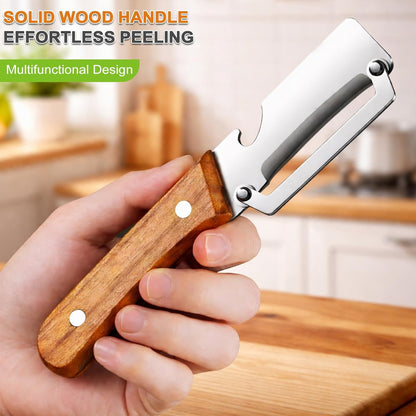 Multi Functional Vegetable Peeler with Bottle Opener & Wooden Handle, 1PCS | Premium Stainless Steel Kitchen Single Blade Food Peeler Tool for Potato Carrot Pumpkin Papaya Camping Accessories