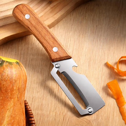 Multi Functional Vegetable Peeler with Bottle Opener & Wooden Handle, 1PCS | Premium Stainless Steel Kitchen Single Blade Food Peeler Tool for Potato Carrot Pumpkin Papaya Camping Accessories