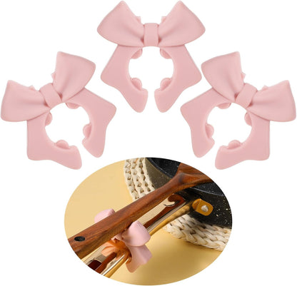3Pcs Spoon Holder for Pot, Bowknot Silicone Spoon Pot Pan Holder | Pink Bow Pots Clip Rest for Cooking, Heat Resistance Non-Slip Cute Stove Top Spatula Holders