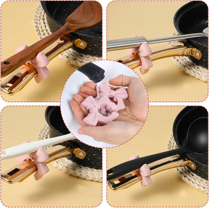 3Pcs Spoon Holder for Pot, Bowknot Silicone Spoon Pot Pan Holder | Pink Bow Pots Clip Rest for Cooking, Heat Resistance Non-Slip Cute Stove Top Spatula Holders