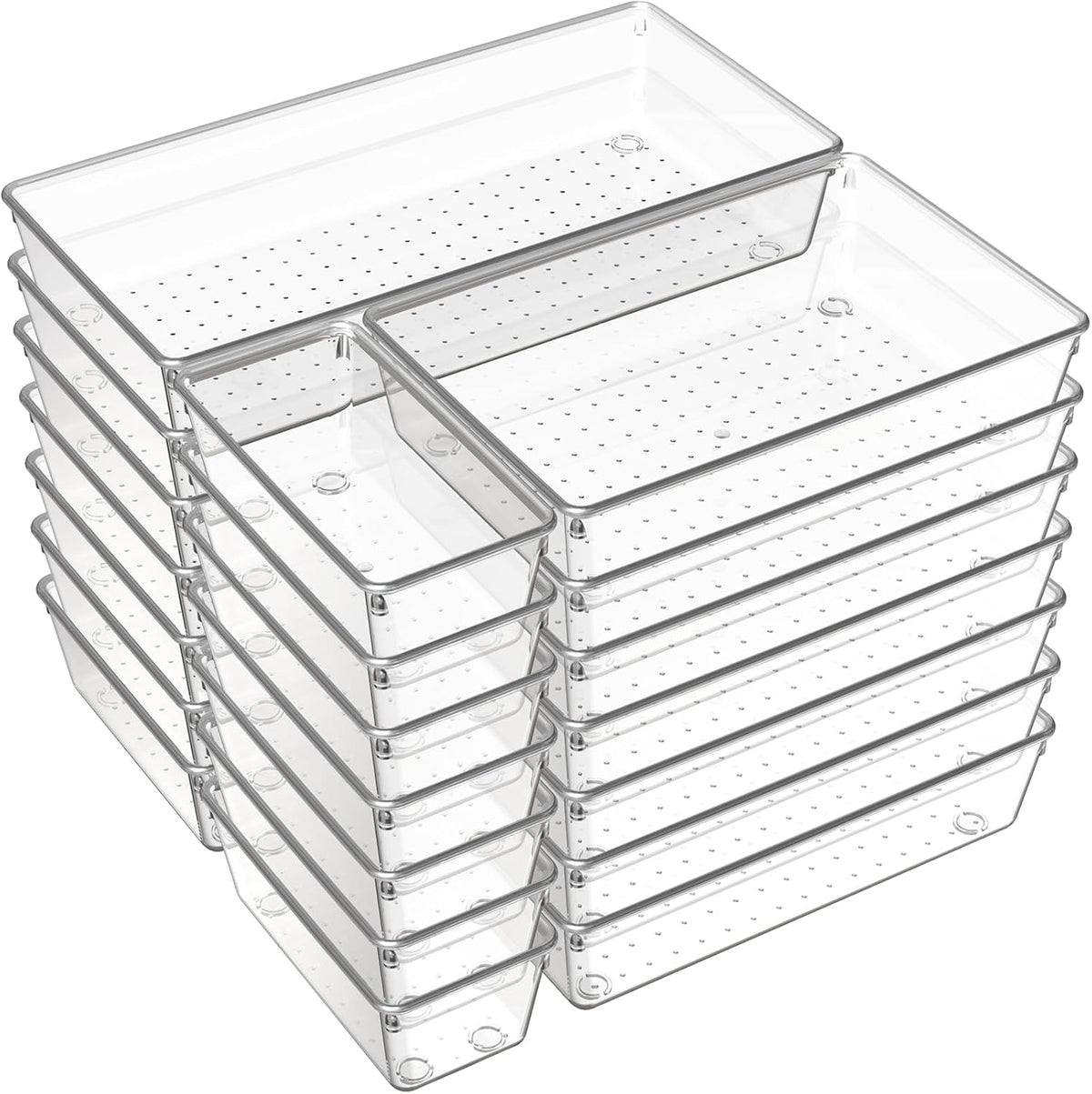 6 Pack Large Clear Plastic Drawer Organizer Trays, Acrylic Kitchen Drawer Organization and Storage Dividers, Non-Slip Storage Bins for Makeup, Kitchen Utensils, Bathroom, Jewelries and Office Desk