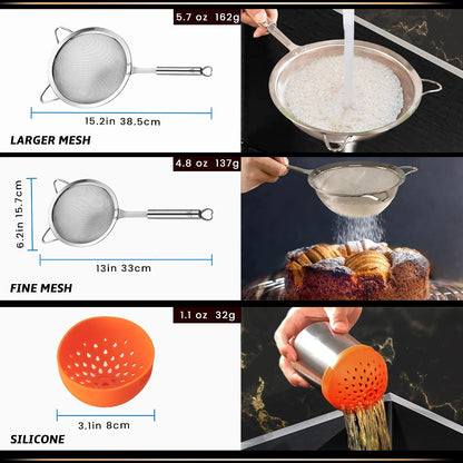 Stainless Steel Fine Mesh Strainer Combo, Spill-proof Design