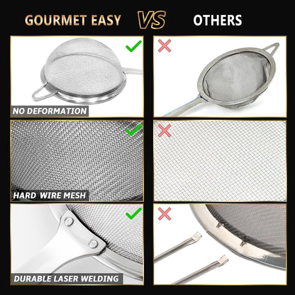Stainless Steel Fine Mesh Strainer Combo, Spill-proof Design