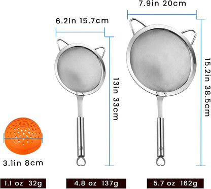 Stainless Steel Fine Mesh Strainer Combo, Spill-proof Design