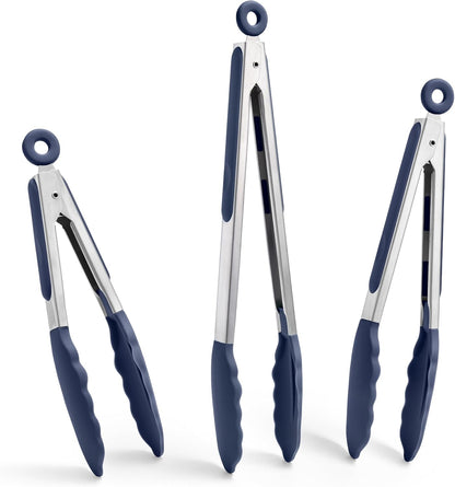 Kitchen Tongs with Silicone Tips for Cooking Serving (3Pcs, Navy) | 600°F Heat Resistant Food Tong, Heavy Duty Stainless Steel Locking Tong for BBQ, Grilling Steak, Salad, Toast, Pasta