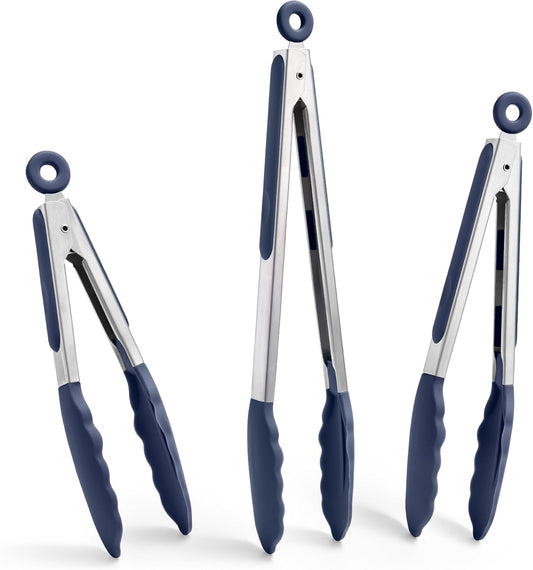 Kitchen Tongs with Silicone Tips for Cooking Serving (3Pcs, Navy) | 600°F Heat Resistant Food Tong, Heavy Duty Stainless Steel Locking Tong for BBQ, Grilling Steak, Salad, Toast, Pasta