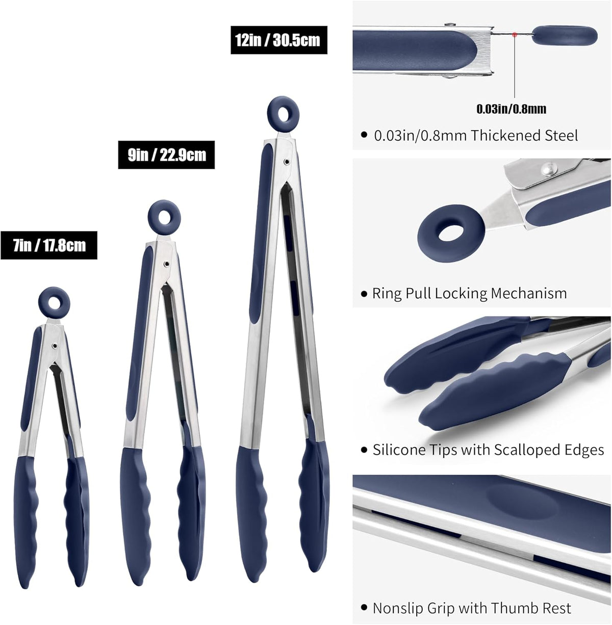 Kitchen Tongs with Silicone Tips for Cooking Serving (3Pcs, Navy) | 600°F Heat Resistant Food Tong, Heavy Duty Stainless Steel Locking Tong for BBQ, Grilling Steak, Salad, Toast, Pasta