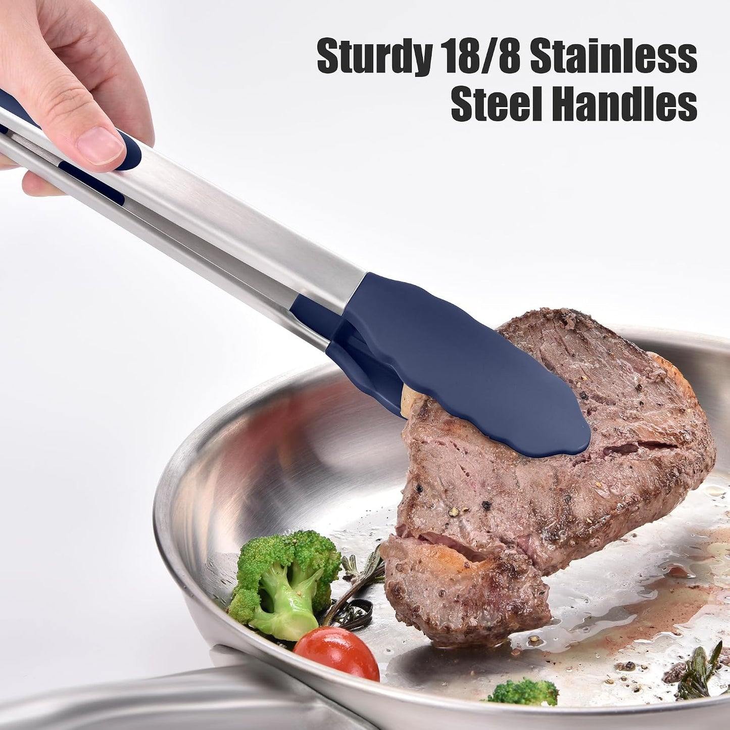 Kitchen Tongs with Silicone Tips for Cooking Serving (3Pcs, Navy) | 600°F Heat Resistant Food Tong, Heavy Duty Stainless Steel Locking Tong for BBQ, Grilling Steak, Salad, Toast, Pasta