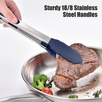 Kitchen Tongs with Silicone Tips for Cooking Serving (3Pcs, Navy) | 600°F Heat Resistant Food Tong, Heavy Duty Stainless Steel Locking Tong for BBQ, Grilling Steak, Salad, Toast, Pasta