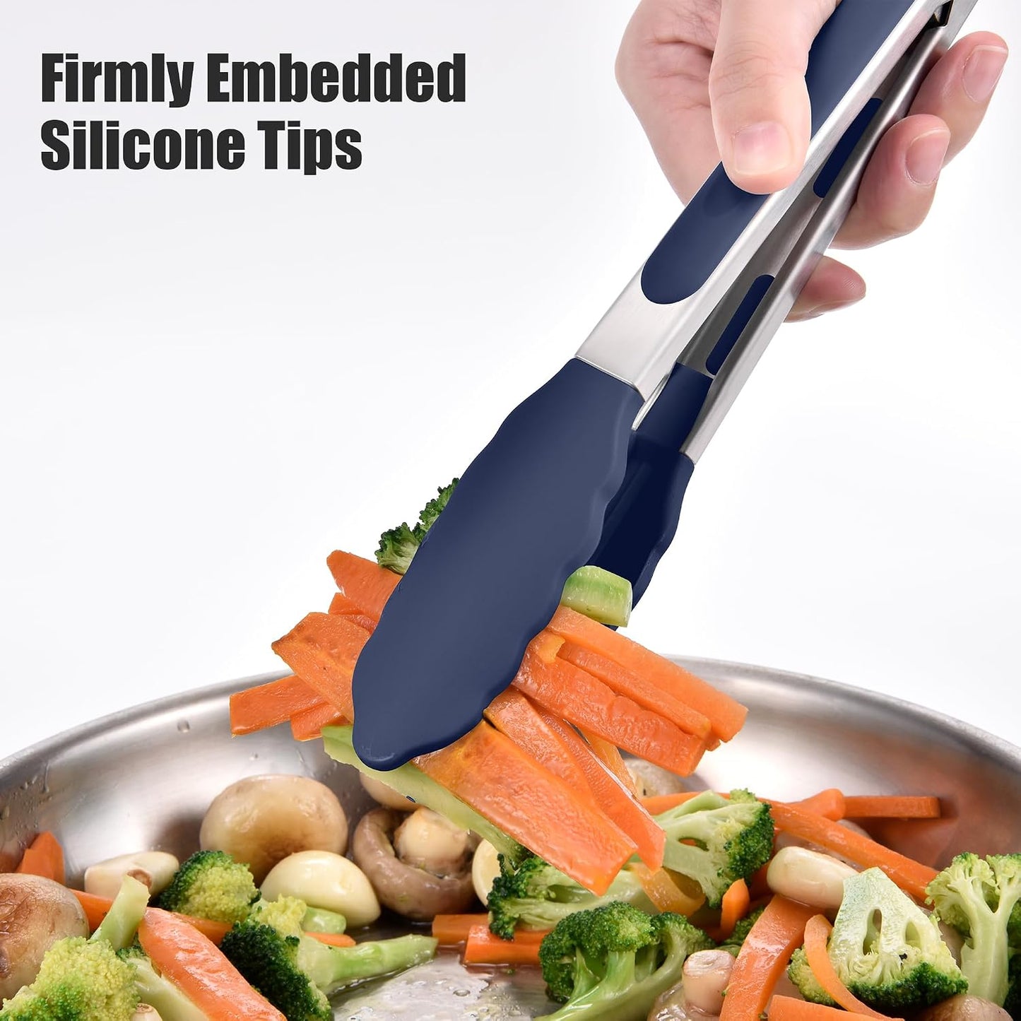 Kitchen Tongs with Silicone Tips for Cooking Serving (3Pcs, Navy) | 600°F Heat Resistant Food Tong, Heavy Duty Stainless Steel Locking Tong for BBQ, Grilling Steak, Salad, Toast, Pasta