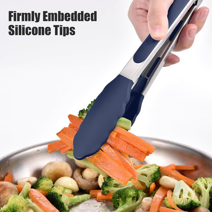 Kitchen Tongs with Silicone Tips for Cooking Serving (3Pcs, Navy) | 600°F Heat Resistant Food Tong, Heavy Duty Stainless Steel Locking Tong for BBQ, Grilling Steak, Salad, Toast, Pasta