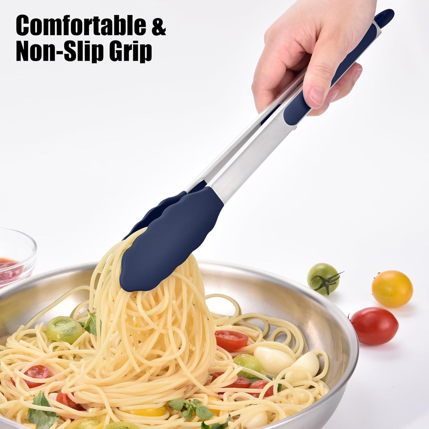 Kitchen Tongs with Silicone Tips for Cooking Serving (3Pcs, Navy) | 600°F Heat Resistant Food Tong, Heavy Duty Stainless Steel Locking Tong for BBQ, Grilling Steak, Salad, Toast, Pasta