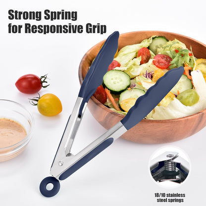 Kitchen Tongs with Silicone Tips for Cooking Serving (3Pcs, Navy) | 600°F Heat Resistant Food Tong, Heavy Duty Stainless Steel Locking Tong for BBQ, Grilling Steak, Salad, Toast, Pasta