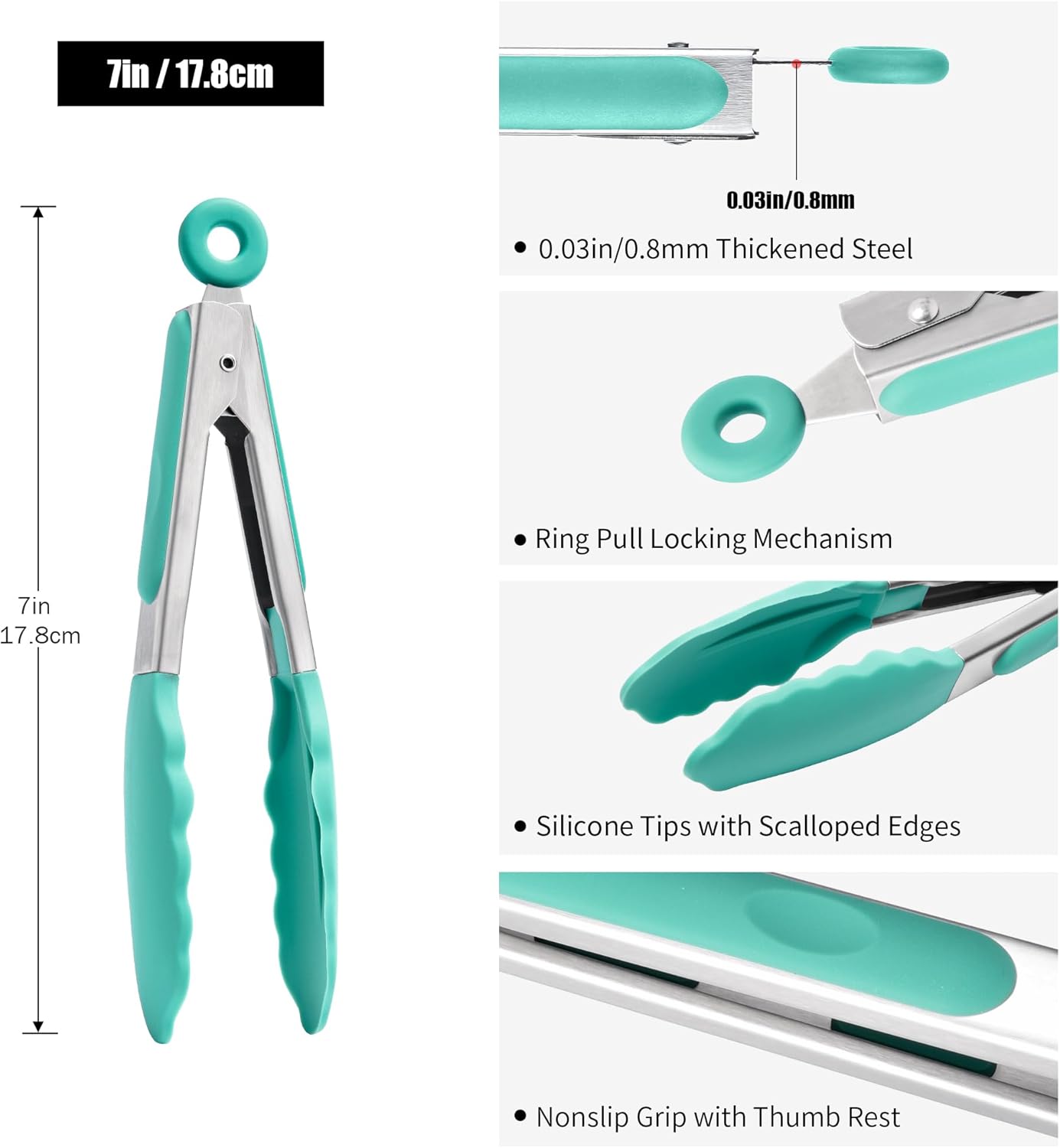 Kitchen Tongs with Silicone Tips for Cooking Serving (3Pcs, Navy) | 600°F Heat Resistant Food Tong, Heavy Duty Stainless Steel Locking Tong for BBQ, Grilling Steak, Salad, Toast, Pasta