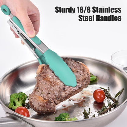 Kitchen Tongs with Silicone Tips for Cooking Serving (3Pcs, Navy) | 600°F Heat Resistant Food Tong, Heavy Duty Stainless Steel Locking Tong for BBQ, Grilling Steak, Salad, Toast, Pasta