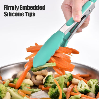 Kitchen Tongs with Silicone Tips for Cooking Serving (3Pcs, Navy) | 600°F Heat Resistant Food Tong, Heavy Duty Stainless Steel Locking Tong for BBQ, Grilling Steak, Salad, Toast, Pasta