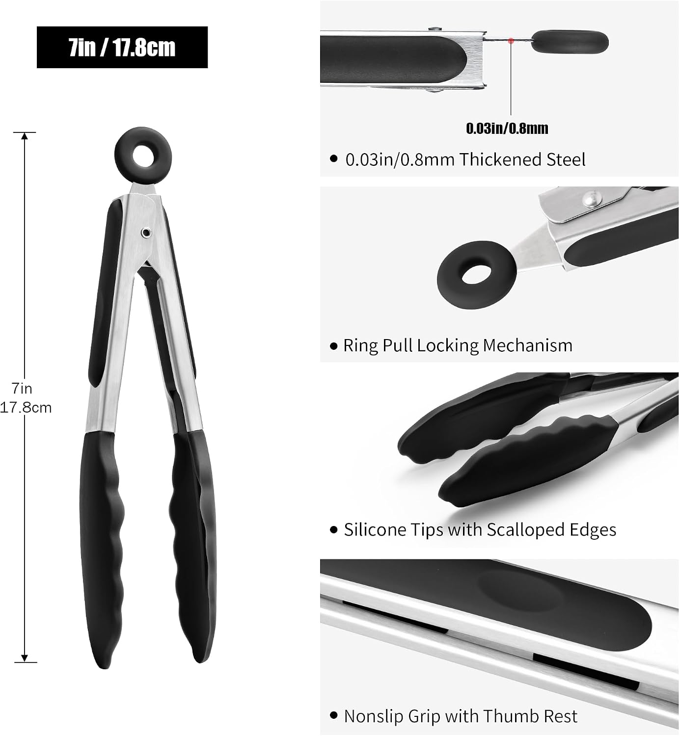Kitchen Tongs with Silicone Tips for Cooking Serving (3Pcs, Navy) | 600°F Heat Resistant Food Tong, Heavy Duty Stainless Steel Locking Tong for BBQ, Grilling Steak, Salad, Toast, Pasta