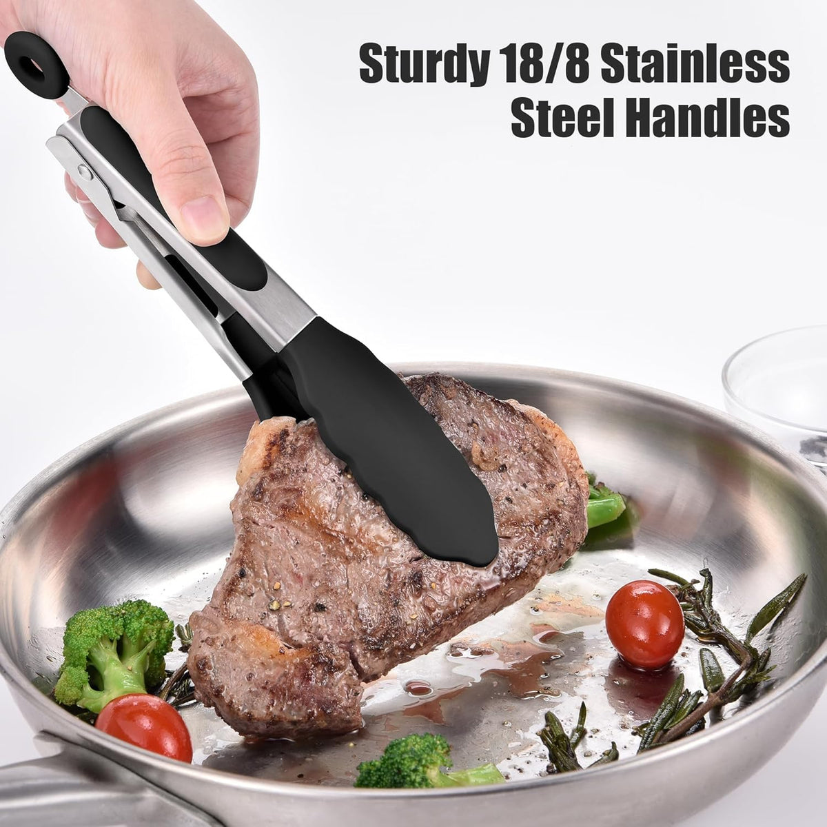 Kitchen Tongs with Silicone Tips for Cooking Serving (3Pcs, Navy) | 600°F Heat Resistant Food Tong, Heavy Duty Stainless Steel Locking Tong for BBQ, Grilling Steak, Salad, Toast, Pasta