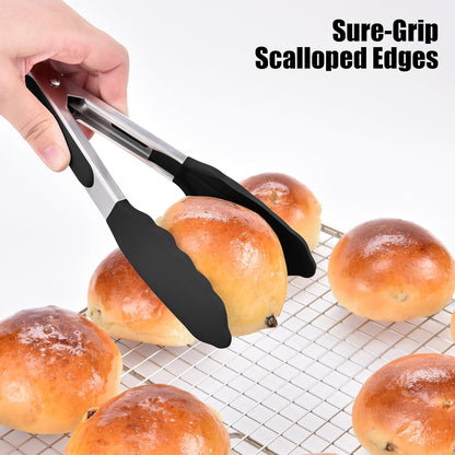 Kitchen Tongs with Silicone Tips for Cooking Serving (3Pcs, Navy) | 600°F Heat Resistant Food Tong, Heavy Duty Stainless Steel Locking Tong for BBQ, Grilling Steak, Salad, Toast, Pasta