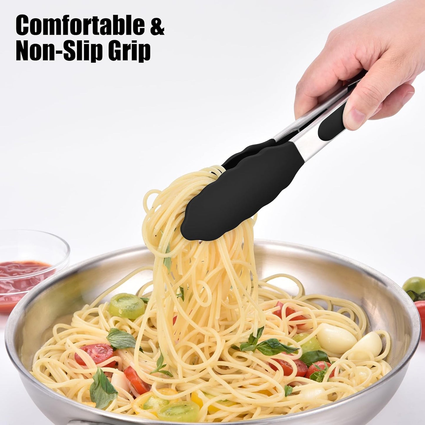 Kitchen Tongs with Silicone Tips for Cooking Serving (3Pcs, Navy) | 600°F Heat Resistant Food Tong, Heavy Duty Stainless Steel Locking Tong for BBQ, Grilling Steak, Salad, Toast, Pasta