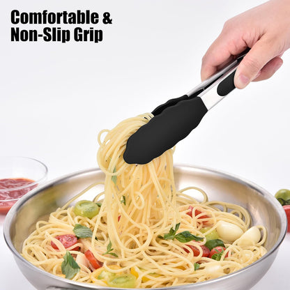 Kitchen Tongs with Silicone Tips for Cooking Serving (3Pcs, Navy) | 600°F Heat Resistant Food Tong, Heavy Duty Stainless Steel Locking Tong for BBQ, Grilling Steak, Salad, Toast, Pasta