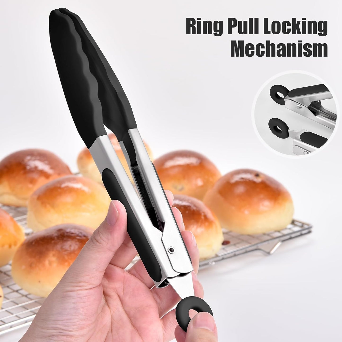 Kitchen Tongs with Silicone Tips for Cooking Serving (3Pcs, Navy) | 600°F Heat Resistant Food Tong, Heavy Duty Stainless Steel Locking Tong for BBQ, Grilling Steak, Salad, Toast, Pasta