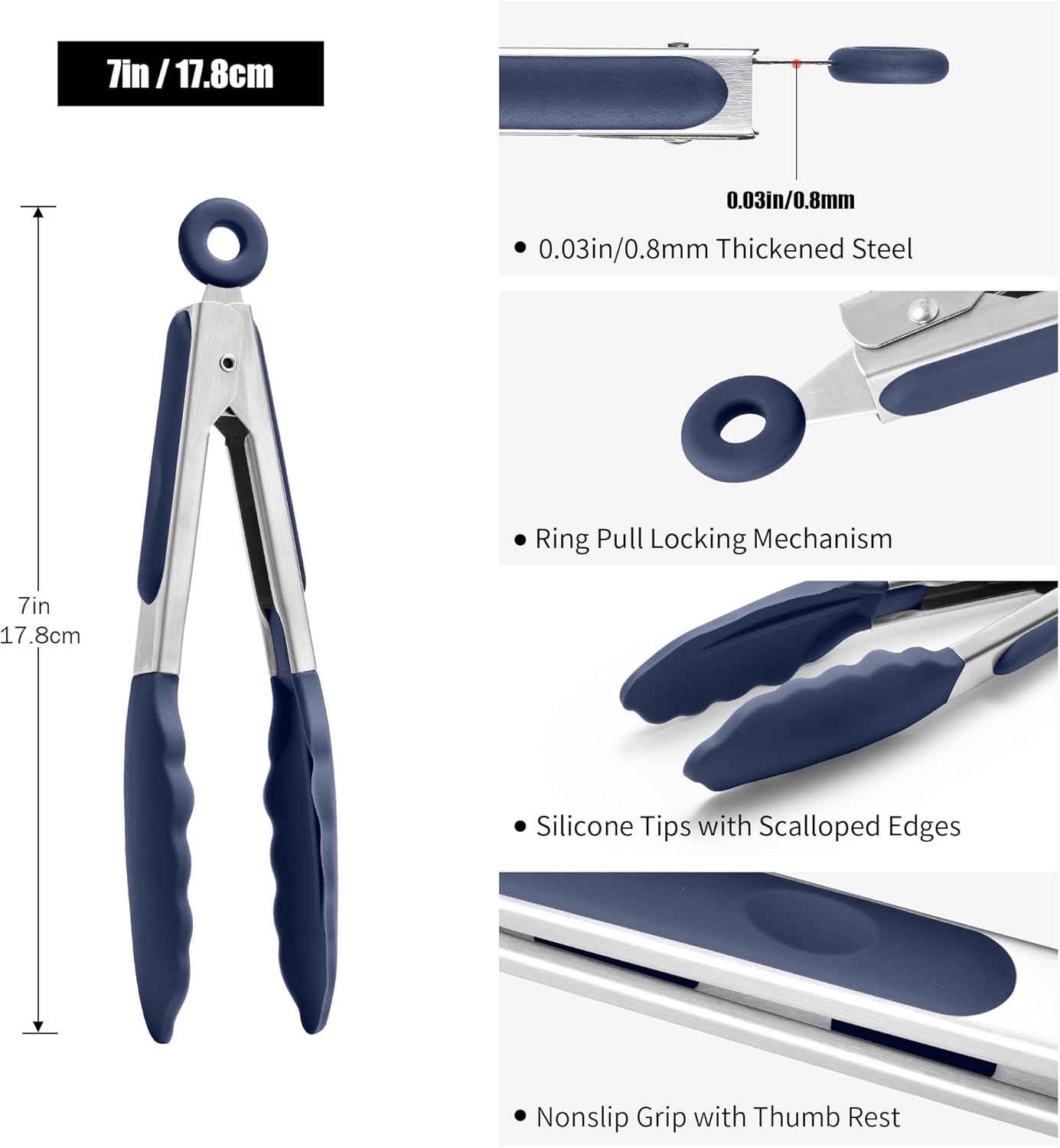 Kitchen Tongs with Silicone Tips for Cooking Serving (3Pcs, Navy) | 600°F Heat Resistant Food Tong, Heavy Duty Stainless Steel Locking Tong for BBQ, Grilling Steak, Salad, Toast, Pasta