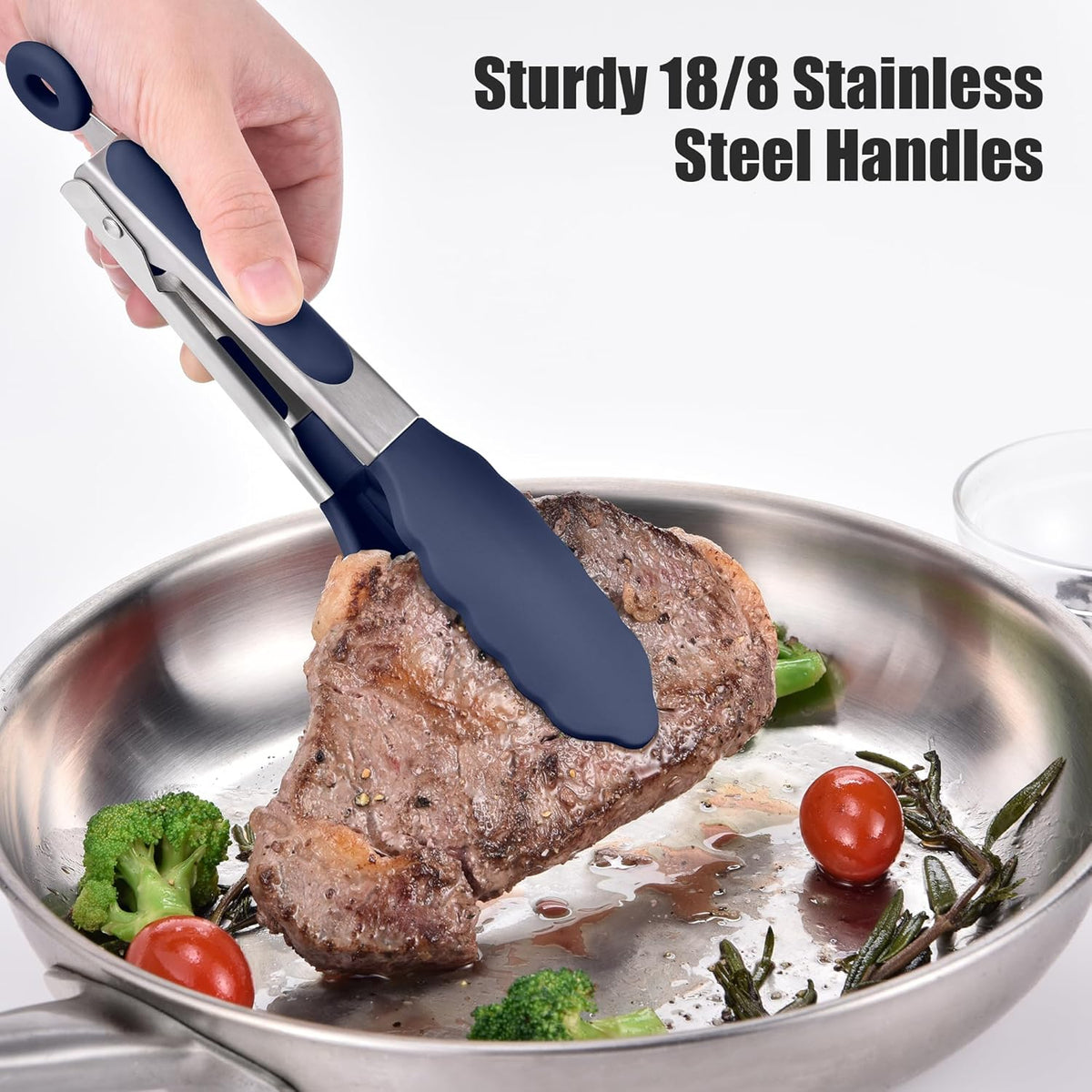 Kitchen Tongs with Silicone Tips for Cooking Serving (3Pcs, Navy) | 600°F Heat Resistant Food Tong, Heavy Duty Stainless Steel Locking Tong for BBQ, Grilling Steak, Salad, Toast, Pasta