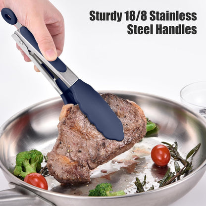 Kitchen Tongs with Silicone Tips for Cooking Serving (3Pcs, Navy) | 600°F Heat Resistant Food Tong, Heavy Duty Stainless Steel Locking Tong for BBQ, Grilling Steak, Salad, Toast, Pasta