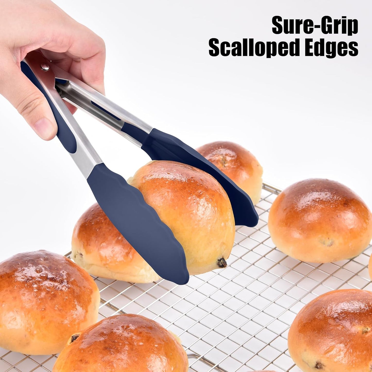 Kitchen Tongs with Silicone Tips for Cooking Serving (3Pcs, Navy) | 600°F Heat Resistant Food Tong, Heavy Duty Stainless Steel Locking Tong for BBQ, Grilling Steak, Salad, Toast, Pasta