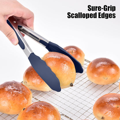 Kitchen Tongs with Silicone Tips for Cooking Serving (3Pcs, Navy) | 600°F Heat Resistant Food Tong, Heavy Duty Stainless Steel Locking Tong for BBQ, Grilling Steak, Salad, Toast, Pasta