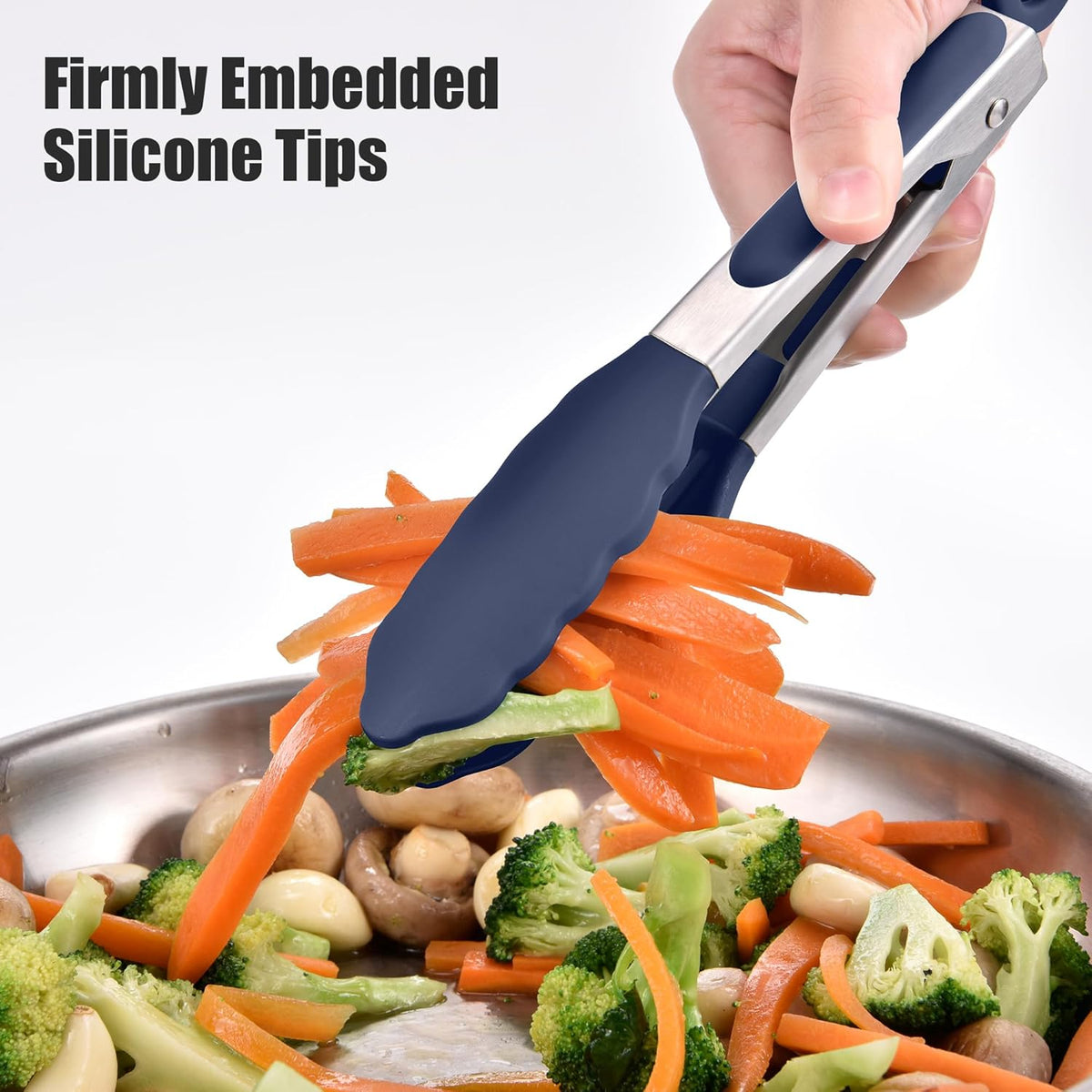 Kitchen Tongs with Silicone Tips for Cooking Serving (3Pcs, Navy) | 600°F Heat Resistant Food Tong, Heavy Duty Stainless Steel Locking Tong for BBQ, Grilling Steak, Salad, Toast, Pasta
