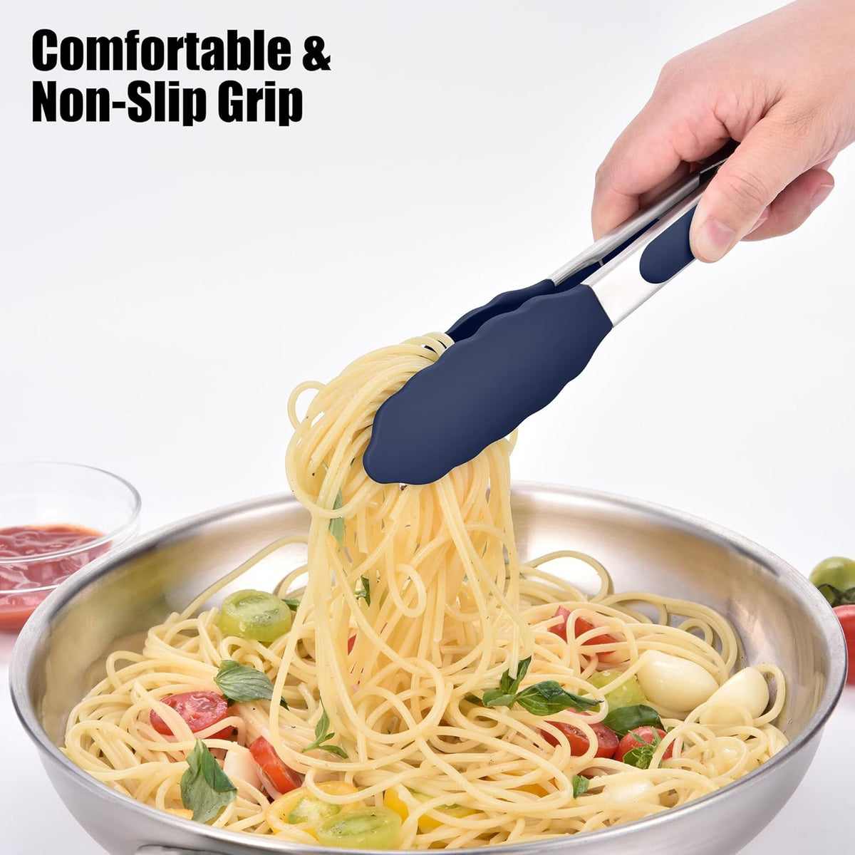 Kitchen Tongs with Silicone Tips for Cooking Serving (3Pcs, Navy) | 600°F Heat Resistant Food Tong, Heavy Duty Stainless Steel Locking Tong for BBQ, Grilling Steak, Salad, Toast, Pasta