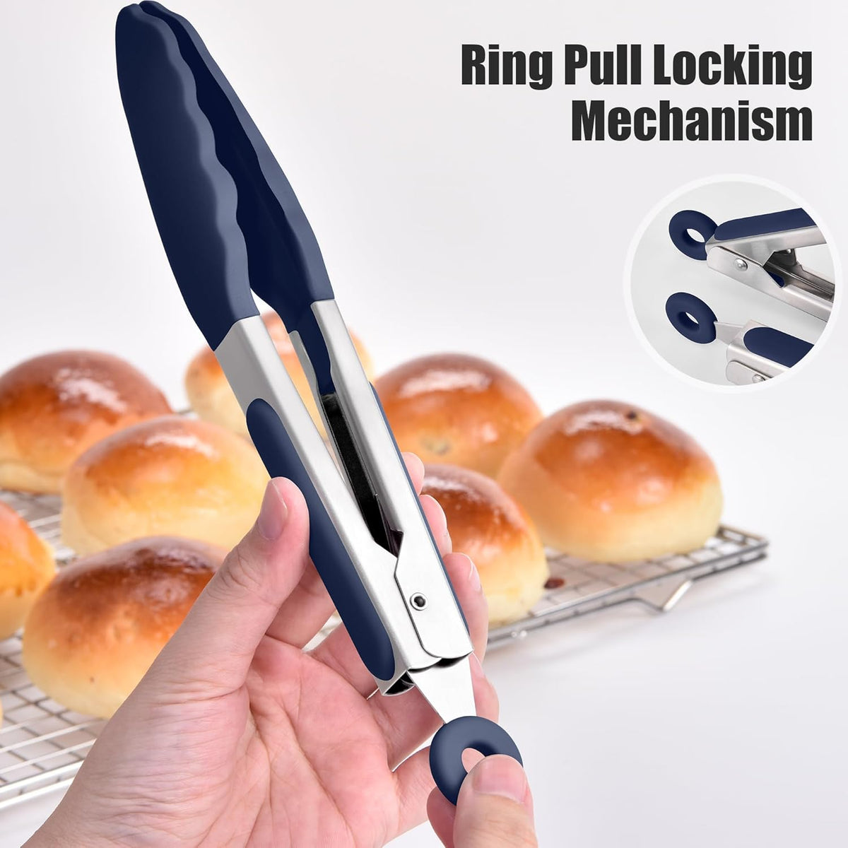 Kitchen Tongs with Silicone Tips for Cooking Serving (3Pcs, Navy) | 600°F Heat Resistant Food Tong, Heavy Duty Stainless Steel Locking Tong for BBQ, Grilling Steak, Salad, Toast, Pasta